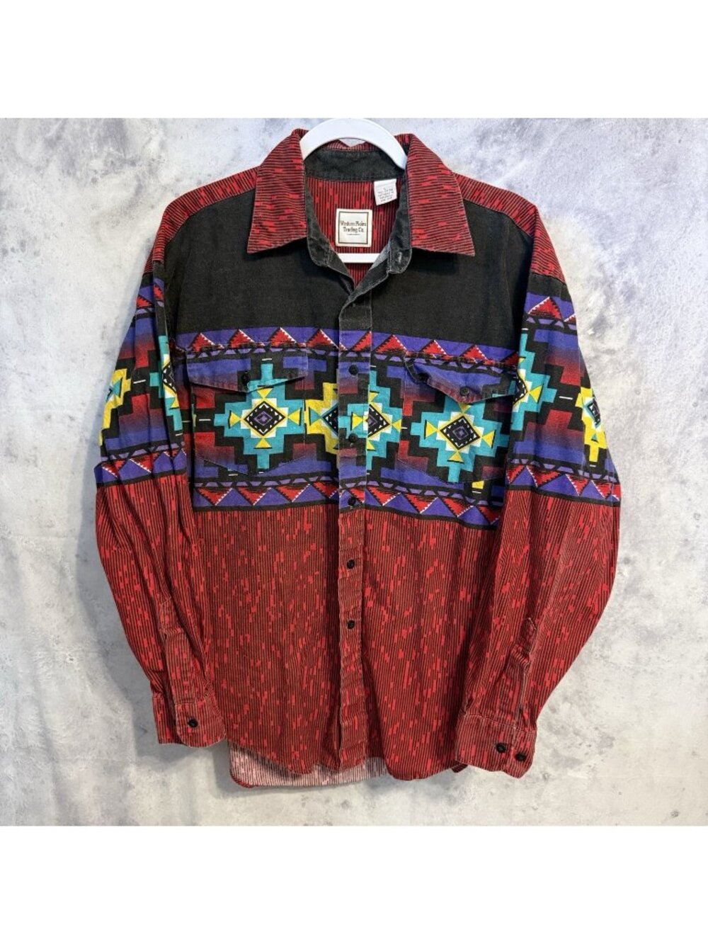 Vintage Western Plains Trading Co Aztec Shirt Mens Large L Blue Long Sleeve
